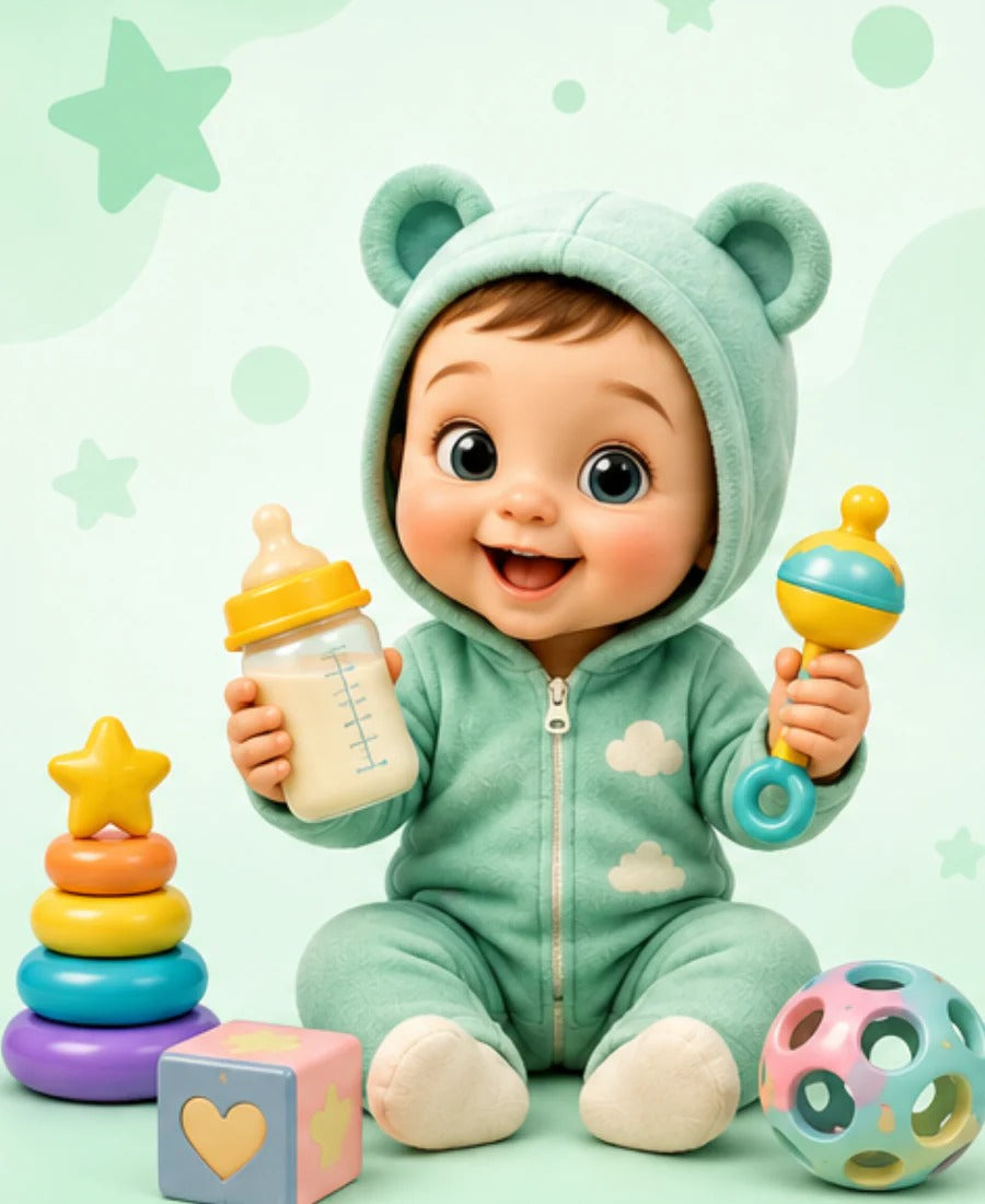Baby playing with soft toys and rattles