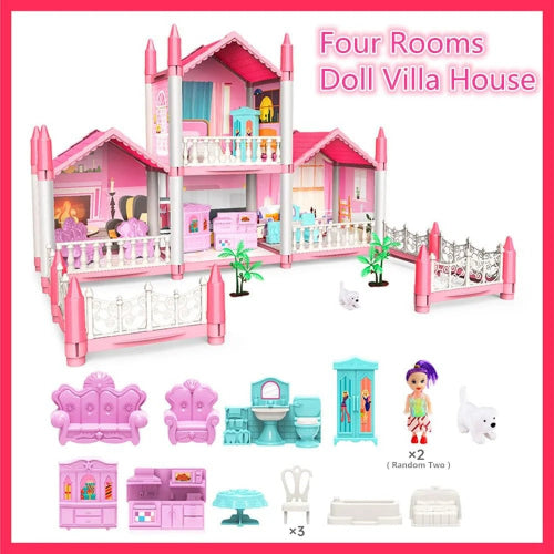 4 Rooms Doll House Villa Set for kids with furniture