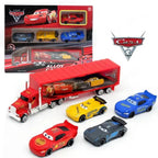 Alloy toy car set with Lightning McQueen style cars and truck
