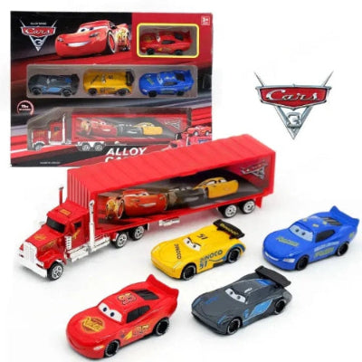Alloy toy car set with Lightning McQueen style cars and truck