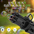 Black electric bubble gun with bubbles against a blurred outdoor background