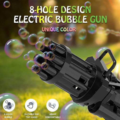 Black electric bubble gun with bubbles against a blurred outdoor background