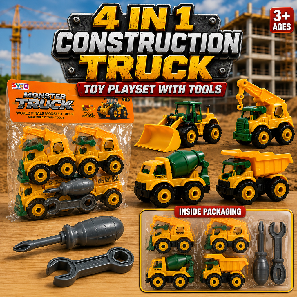 4 In 1 Construction Truck Toy Playset with Tools for Kids | DIY Engineering Vehicle Assembly Set