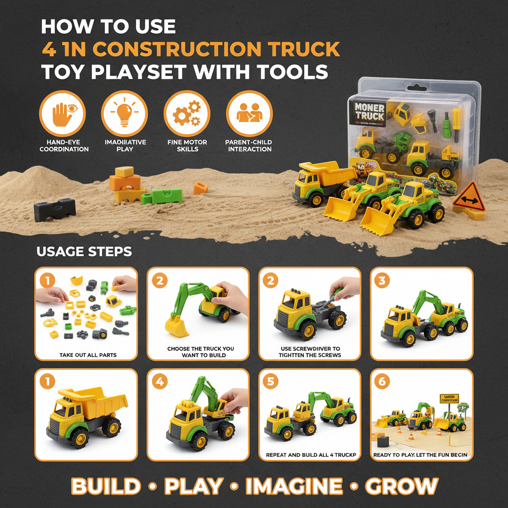 4 In 1 Construction Truck Toy Playset with Tools for Kids | DIY Engineering Vehicle Assembly Set