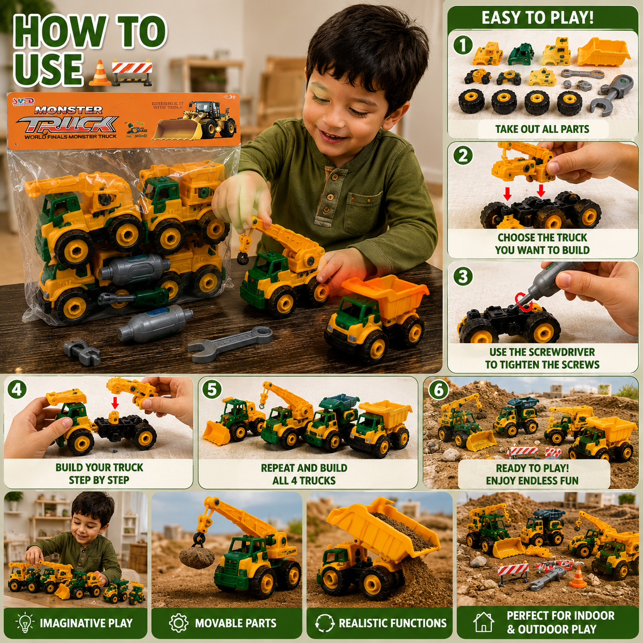 4 In 1 Construction Truck Toy Playset with Tools for Kids | DIY Engineering Vehicle Assembly Set