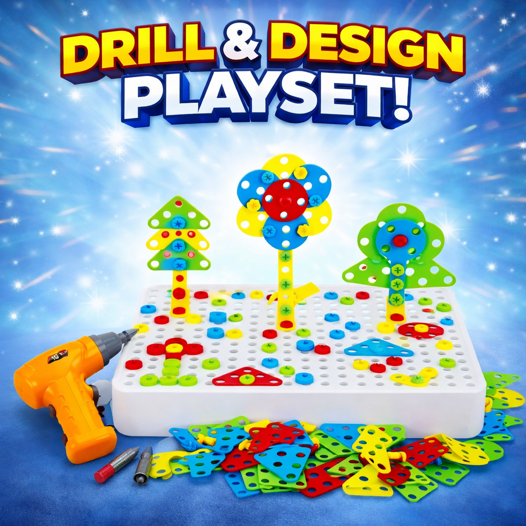 Colorful 'Drill & Design' playset with building blocks and drill on a blue background