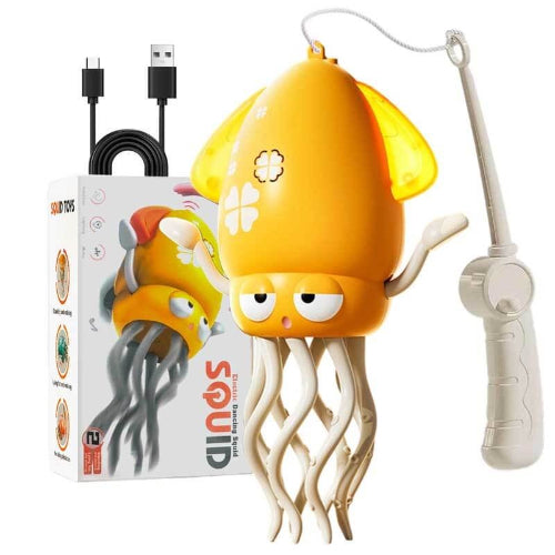 Colorful dancing squid toy spinning and playing music