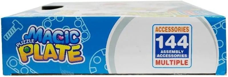 Box of Magic Plate puzzle accessories with 144 pieces on a blue background