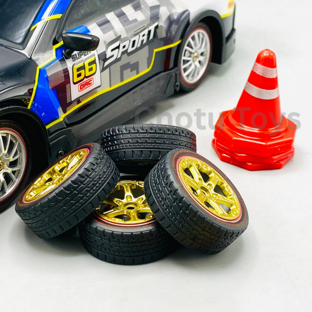 Child playing with RC drift car outdoors