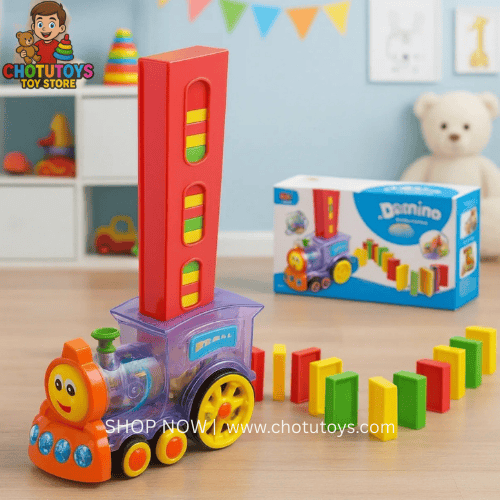 Kids playing with domino train brick laying toy
