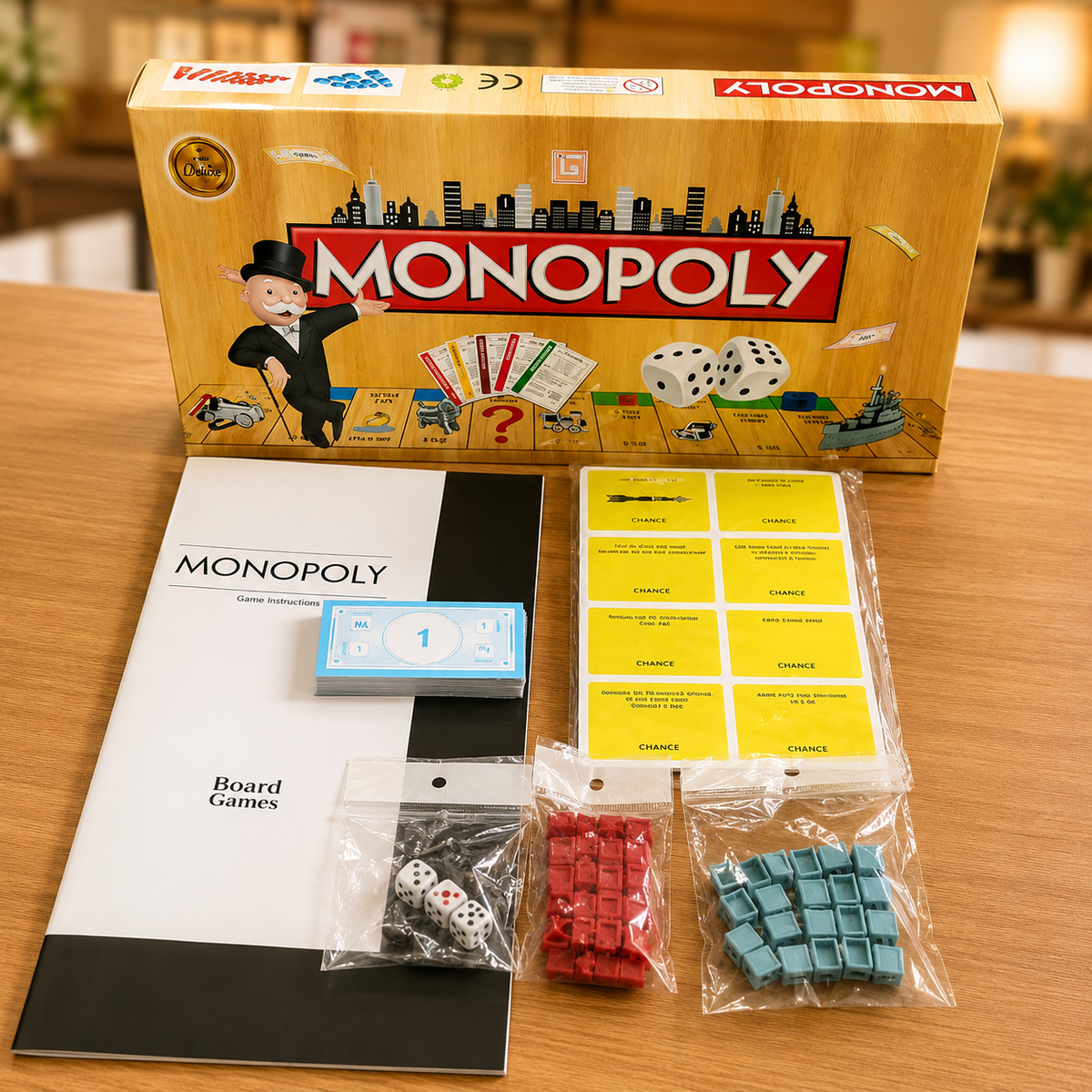 Monopoly game board with tokens and cards