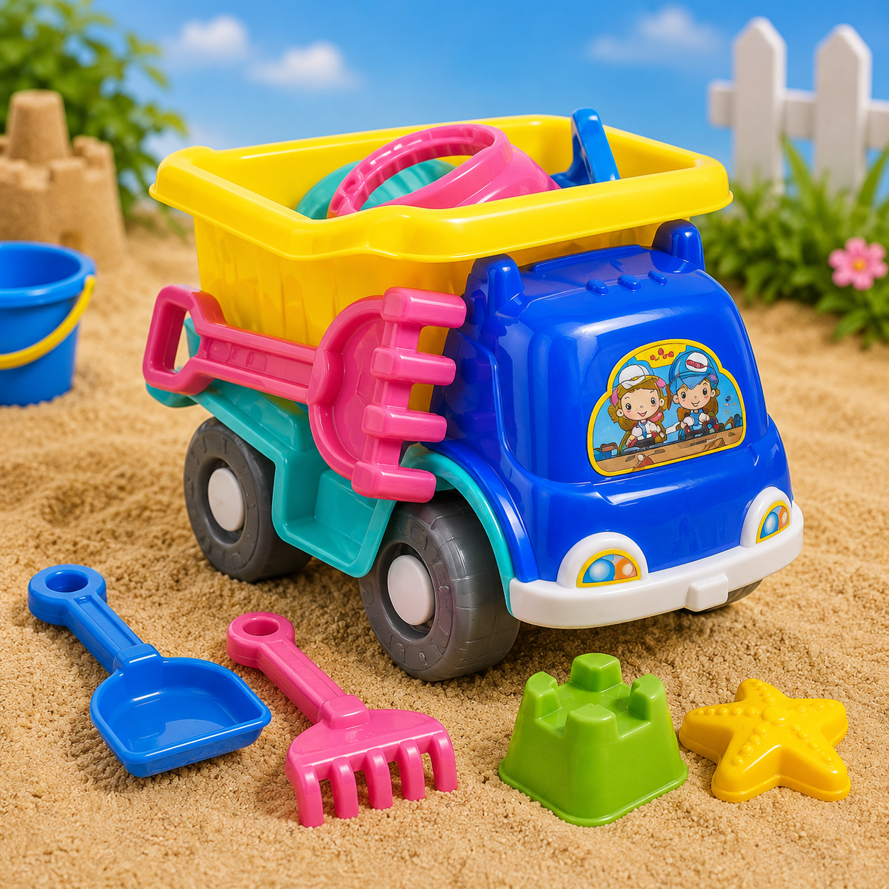 colorful beach toy truck with sand tools